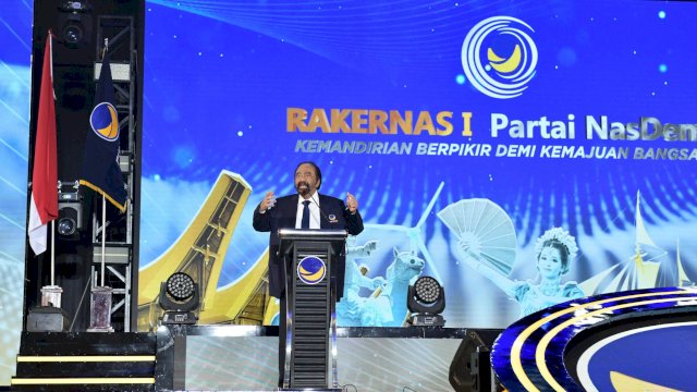 Ketua Umum DPP Partai NasDem, Surya Paloh saat memberikan sambutan dalam pembukaan Rakernas I Partai NasDem di Hotel Claro, Makassar, Jumat (8/8/2025). (Foto: Istimewa)