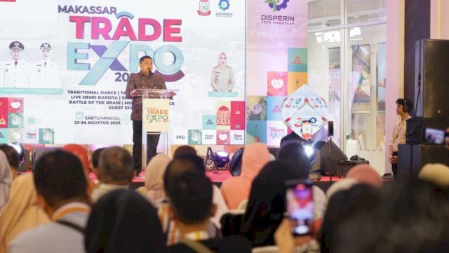 Wali Kota Makassar, Munafri Arifuddin saat memberikan sambutan pada kegiatan Makassar Trade Expo yang digelar Dinas Perdagangan dan Perindustrian Kota Makassar di Trans Studio Mall, Makassar, Sabtu (23/8/2025). (Foto: Istimewa)