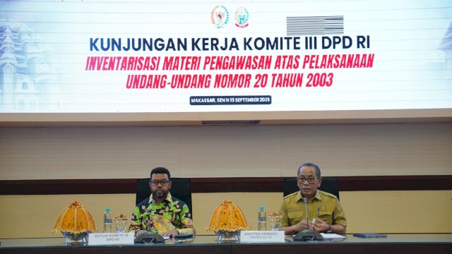 Pemerintah Provinsi Sulawesi Selatan menyambut hangat kedatangan Anggota Komite III DPD RI dalam kunjungan kerja di Ruang Rapat Pimpinan Kantor Gubernur Sulsel, Senin (15/9/2025). (Foto: Istimewa)