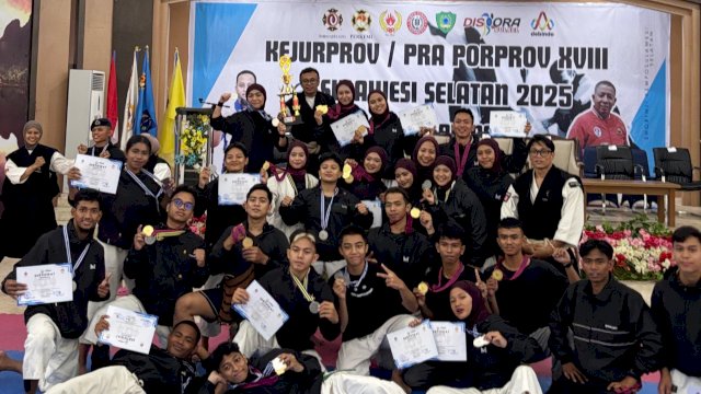 Kontingen Kempo Kota Makassar berhasil meraih juara umum dalam Kejurprov/Pra Porprov XVIII Sulawesi Selatan yang digelar pada 26-28 September 2025 di Maros. (Foto: Istimewa)