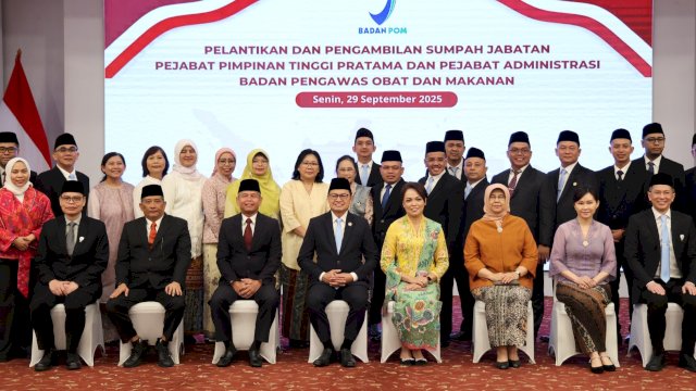 Suasana pelantikan dan pengambilan sumpah jabatan pejabat pimpinan tinggi pratama dan dan pejabat administrasi BPOM di Jakarta, Senin (29/9/2025). (Foto: Istimewa)