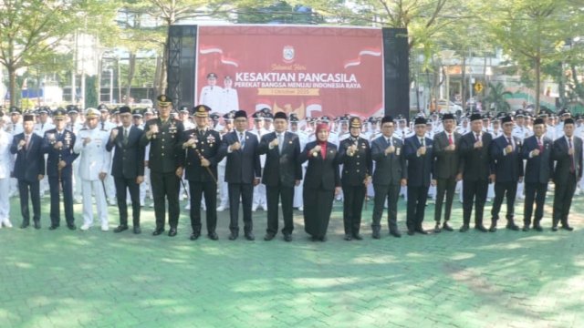 Pemerintah Kota Makassar bersama unsur Forkopimda memperingati Hari Kesaktian Pancasila yang jatuh pada 1 Oktober 2025 dengan menggelar upacara di halaman Balai Kota Makassar, Rabu (1/10/2025). (Foto: Istimewa)