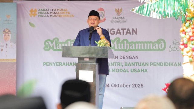 Wali Kota Makassar, Munafri Arifuddin saat memberikan sambutan pada kegiatan peringatan Maulid Nabi Muhammad SAW yang digelar Baznas Kota Makassar di kantor Baznas, Jalan Teduh Bersinar, Sabtu (4/10/2025). (Foto: Istimewa)