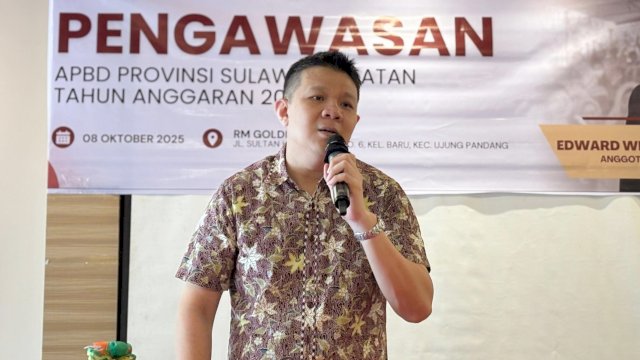 Anggota DPRD Sulsel, Edward Wijaya Horas saat melakukan dialog tatap muka dalam kegiatan pengawasan APBD Sulsel di RM Golden Suki, Jalan Sultan Hasanuddin, Kelurahan Baru, Kecamatan Ujung Pandang, Makassar, Rabu (8/10/2025). (Foto: Istimewa)