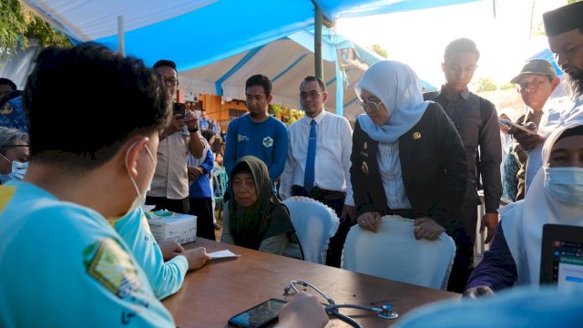 Bupati Gowa, Sitti Husniah Talenrang saat meninjau proses layanan gratis ke masyarakat di sela-sela kunjungan One Day One District yang dirangkaikan Peringatan HKN Ke-61, di Kantor Camat Pattallassang, kemarin. (Dok. Humas Gowa) 