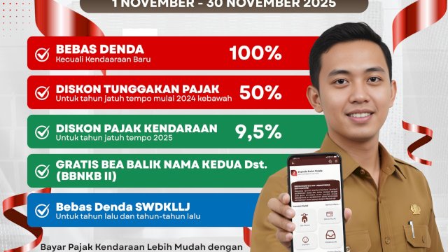 Pemprov Sulsel memperpanjang masa pemberian insentif Pajak Kendaraan Bermotor (PKB) mulai 1 November hingga 30 November 2025. (Foto: Istimewa)