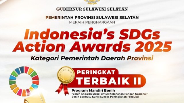 Gubernur Sulsel, Andi Sudirman Sulaiman menerima penghargaan Indonesia's SDGs Action Awards 2025 sebagai Peringkat Terbaik II Kategori Pemerintah Daerah Provinsi melalui Program Mandiri Benih. (Foto: Istimewa)
