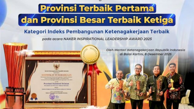 Pemprov Sulsel meraih prestasi nasional dengan mendapatkan dua penghargaan sekaligus pada ajang Naker Inspirational Leadership Award 2025. (Foto: Istimewa)