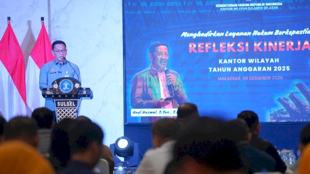 Kanwil Kemenkum Sulsel menggelar kegiatan Refleksi Kinerja Akhir Tahun di Aula Pancasila, Kantor Kanwil Kemenkum Sulsel, Jalan Sultan Alauddin, Makassar, Selasa (9/12/2025). (Foto: Istimewa)