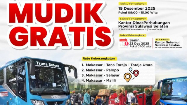 Pemprov Sulsel menyiapkan layanan angkutan bus gratis bagi masyarakat dalam rangka libur Natal 2025 dan Tahun Baru 2026. (Foto: Istimewa)