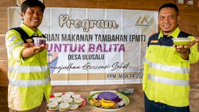 Ket: Program Pemberian Makanan Tambahan (PMT) yang dilaksanakan PT Masmindo Dwi Area (MDA) di Desa To&rsquo;barru, Kabupaten Luwu
