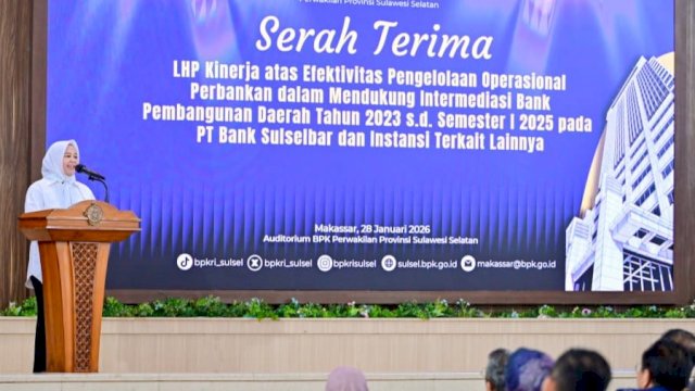 Wakil Gubernur Sulsel, Fatmawati Rusdi saat menghadiri Serah Terima LHP Kinerja atas efektivitas kegiatan operasional bank dalam mendukung fungsi intermediasi perbankan di Kantor BPK Perwakilan Provinsi Sulsel, Rabu (28/1/2026). (Foto: Istimewa)