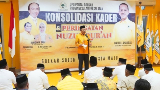 DPD I Golkar Sulsel menggelar konsolidasi kader yang dirangkaikan dengan peringatan Nuzulul Qur'an di Kantor DPD I Golkar Sulsel, Jalan Amanagappa, Makassar, Sabtu (7/3/2026). (Foto: Istimewa)