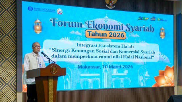 Kepala BI Sulsel Rizki Ernadi Wimanda, saat memberikan sambutan pada Pembukaan Forum Ekonomi Syariah, di Kantor BI Sulsel, kemarin. (Dok. Humas BI Sulsel) 