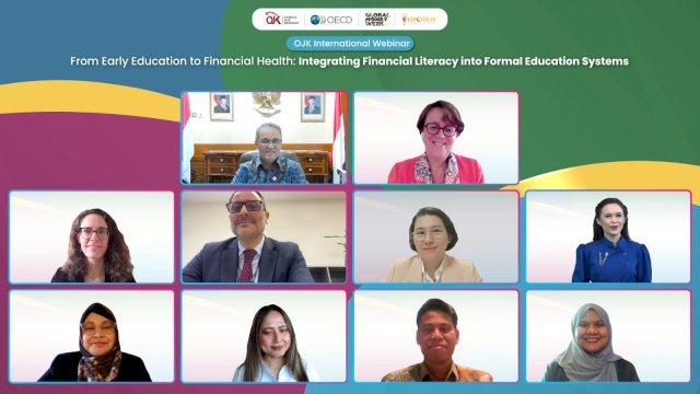 OJK menggandeng OECD/INFE menggelar OJK International Webinar bertema &ldquo;From Early Education to Financial Health: Integrating Financial Literacy into Formal Education Systems&rdquo;, secara virtual, kemarin. (Dok. Otoritas Jasa Keuangan) 
