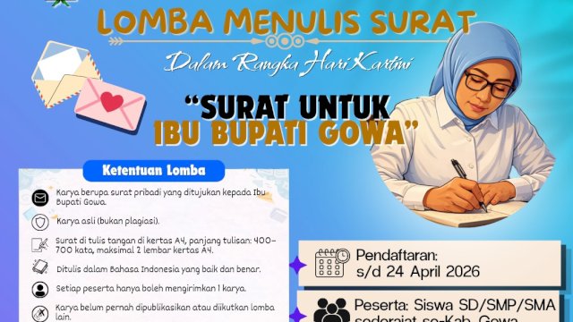 Dinas Perpustakaan dan Kearsipan Kabupaten Gowa menggelar Lomba Menulis Surat untuk Bupati Gowa yang dapat diikuti siswa-siswi dalam rangka peringatan Hari Kartini 2026. (Dok. Humas Gowa)