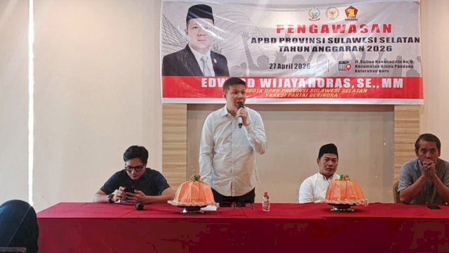 Anggota DPRD Sulsel, Edward Wijaya Horas saat menggelar kegiatan pengawasan APBD Sulsel tahun anggaran 2026 di Jalan Sultan Hasanuddin, Kelurahan Baru, Kecamatan Ujung Pandang, Kota Makassar, Senin (27/4/2026). (Foto: Istimewa)