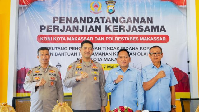 KONI Kota Makassar resmi menjalin kerja sama dengan Polrestabes Makassar melalui penandatanganan Perjanjian Kerja Teknis (PKT) yang berlangsung di Makassar, Kamis (7/5/2026). (Foto: Istimewa)