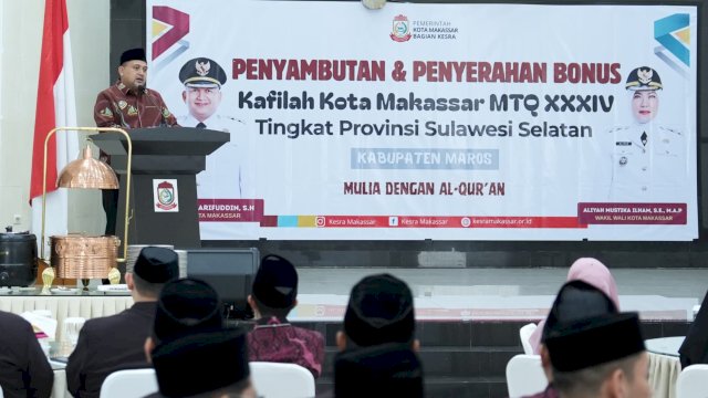 Wali Kota Makassar, Munafri Arifuddin saat penyerahan bonus bagi kontingen kafilah MTQ ke-34 Kota Makassar, Sabtu (9/5/2026). (Foto: Istimewa)