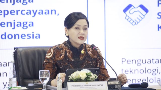 Ketua Dewan Komisioner OJK, Friderica Widyasari Dewi dalam OJK Banking Forum 2026 bertajuk &ldquo;Penguatan Tata Kelola Teknologi Informasi Perbankan serta Peningkatan Upaya Pemberantasan Kejahatan Keuangan dan Perjudian Online di Era Digital&rdquo; yang berlangsung di Kantor OJK di Jakarta, kemarin. (Dok. Otoritas Jasa Keuangan) 