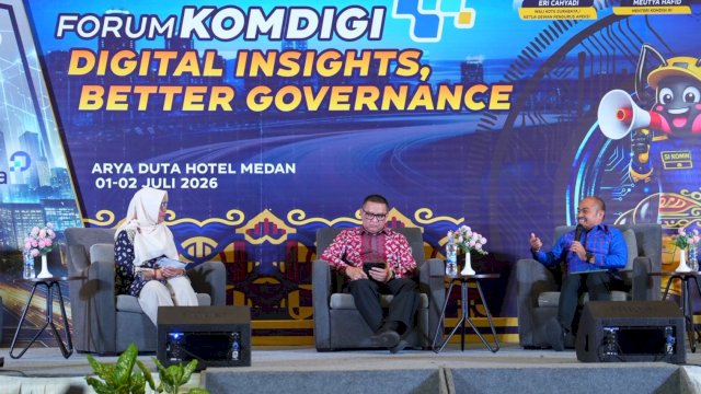 Kadis Kominfo Makassar, Muhammad Roem menjadi narasumber dalam Forum Komunikasi dan Digital (Komdigi) yang digelar sebagai bagian dari rangkaian Rakernas XVIII APEKSI 2026 di Hotel Arya Duta, Kota Medan, Kamis (2/7/2026). (Foto: Istimewa)