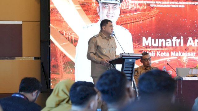 Wali Kota Makassar, Munafri Arifuddin saat membuka High Level Meeting Tim Percepatan dan Perluasan Digitalisasi Daerah (TP2DD) Kota Makassar Tahun Anggaran 2026 di Aston Hotel Makassar, Jalan Sultan Hasanuddin, Senin (13/7/2026). (Foto: Istimewa)