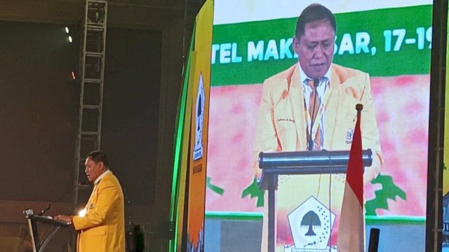 Ketua OC Musda XI Golkar Sulsel, Lukman B Kady saat memberikan sambutan pada Musda XI DPD I Golkar Sulsel di Hotel Claro, Jalan AP Pettarani, Makassar, Sabtu (18/7/2026). (Foto: Istimewa)