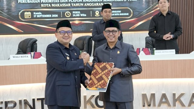 DPRD Makassar bersama Pemkot Makassar menyepakati Perubahan KUPA-PPAS Kota Makassar Tahun Anggaran 2026 di Aula Sipakatau, Kantor Balai Kota Makassar, Kamis (17/9/2026). (Foto: Istimewa)