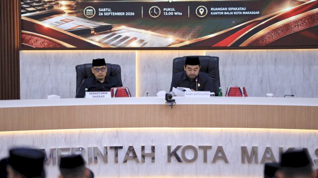 Suasana rapat paripurna Penyampaian Nota Keuangan dan Rancangan Peraturan Daerah Kota Makassar tentang Perubahan APBD Tahun Anggaran 2026 di Balai Kota Makassar, Sabtu (26/9/2026). (Foto: Istimewa)