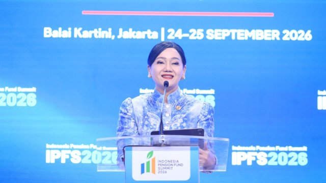 Ketua Dewan Komisioner OJK, Friderica Widyasari Dewi saat menghadiri Indonesia Pension Fund Summit (IPFS) 2026, di Jakarta, kemarin. (Dok. Otoritas Jasa Keuangan) 