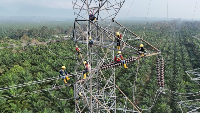 Aktivitas pengerjaan infrastruktur kelistrikan di sekitar jalur transmisi. Keberhasilan penyelesaian rekonfigurasi SUTET 275 kV sirkit 1 dan 2 jalur Wotu &ndash; Latuppa. (Dok. Humas PLN UIP Sulawesi)