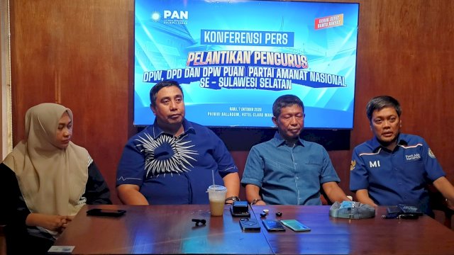 Sesi konferensi pers persiapan pelantikan pengurus DPW, DPD PAN se-Sulsel, serta pengurus DPW PUAN Sulsel di Makassar, Selasa (6/10/2026). (Foto: Istimewa)