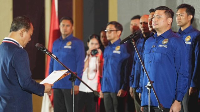 Ketua Pengprov Taekwondo Indonesia Sulawesi Selatan, Adnan Purichta Ichsan saat dilantik di Hotel Unhas, Makassar, Sabtu (24/10/2026). (Foto: Istimewa)