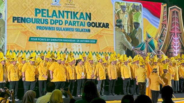 Jajaran pengurus DPD I Golkar Sulsel periode 2025-2030 resmi dilantik di Hotel Four Points by Sheraton, Jalan Andi Djemma, Makassar, Minggu (25/10/2026). (Foto: Istimewa)