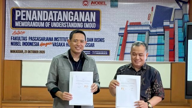 Vasaka Hotel Makassar menjalin kerja sama dengan Institut Teknologi dan Bisnis Nobel Indonesia melalui penandatanganan MOU pada Rabu (21/10/2026). (Foto: Istimewa)
