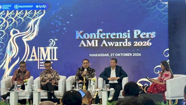 Suasana sesi konferensi pers Anugerah Musik Indonesia (AMI) Awards ke-29 tahun 2026 di Hotel Claro, Jalan AP Pettarani, Makassar, Selasa (27/10/2026). (Foto: Istimewa)